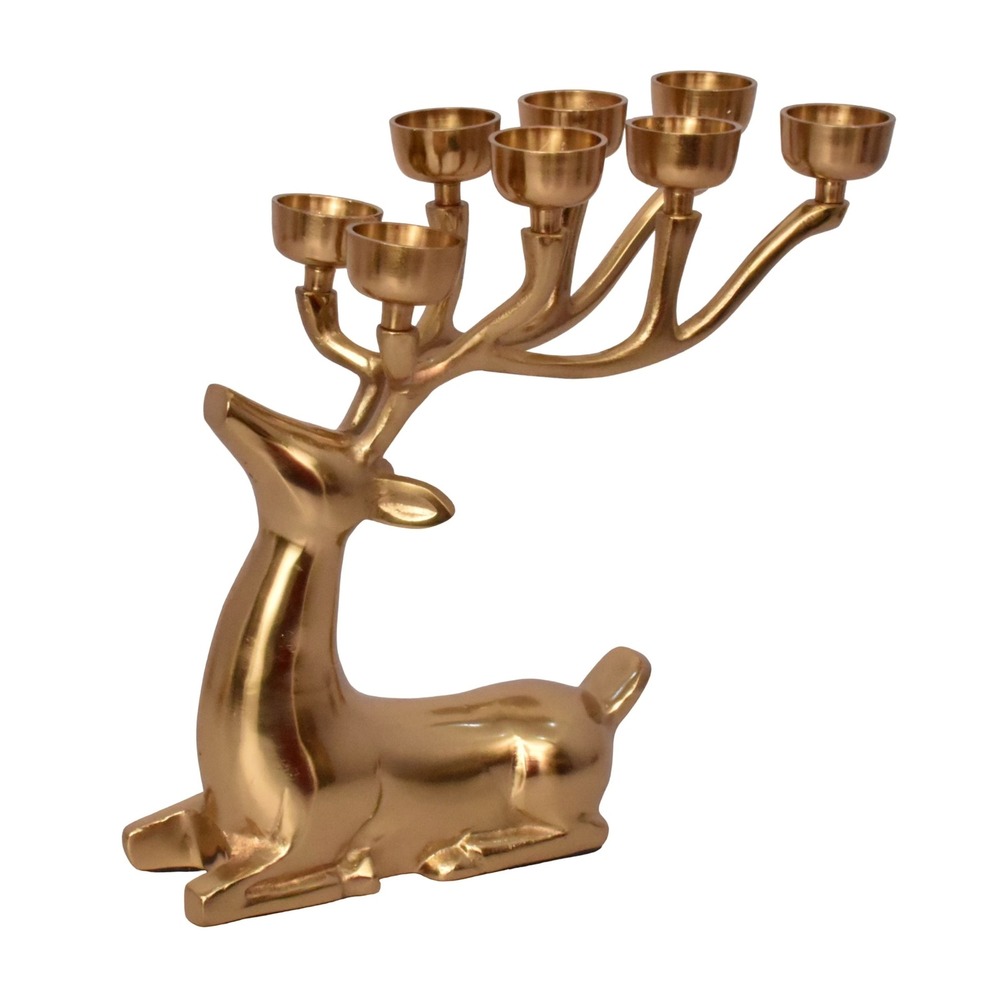 My Texas House Cast Aluminum Sitting Reindeer Tealight Holder Gold, Christmas